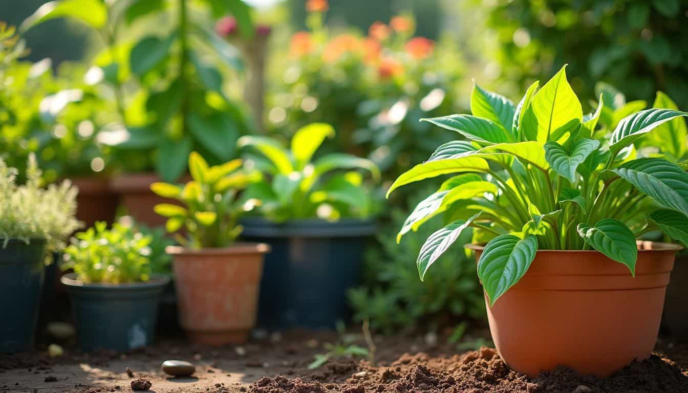 A variety of vibrant green plants in different pots in a sunlit garden. A variety of vibrant green plants in different pots in a sunlit garden.