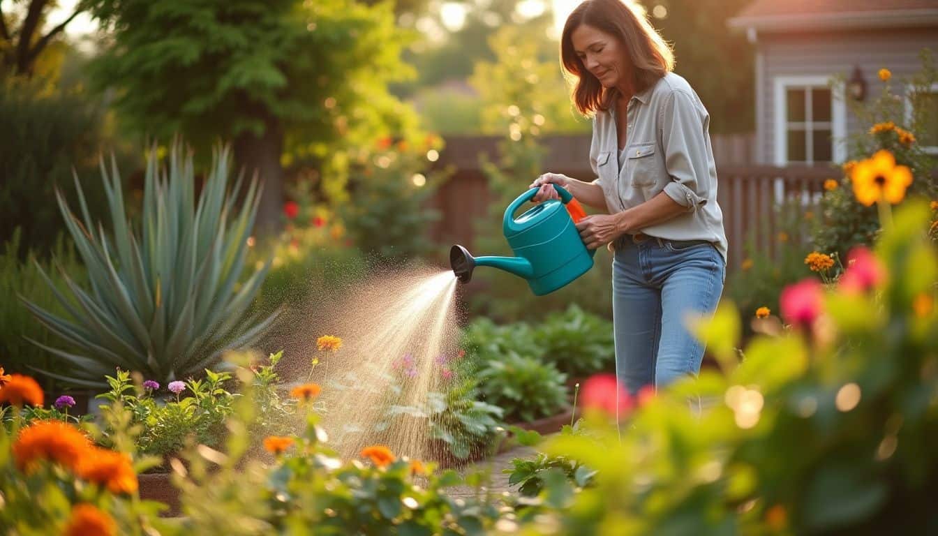 A woman in her 40s enjoys gardening in her vibrant backyard. A woman in her 40s enjoys gardening in her vibrant backyard.