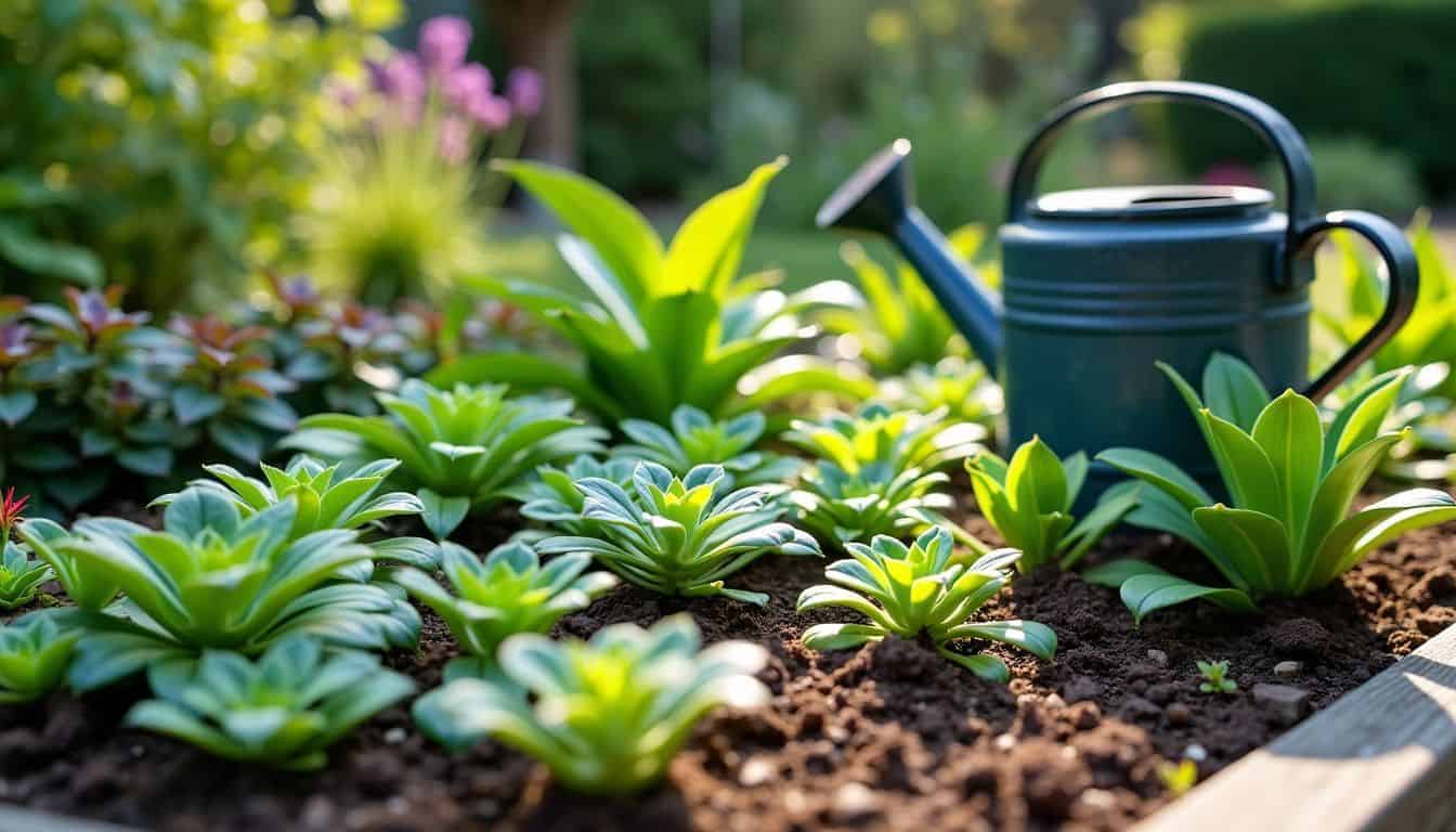 A garden bed with a variety of plants and a watering can. A garden bed with a variety of plants and a watering can.
