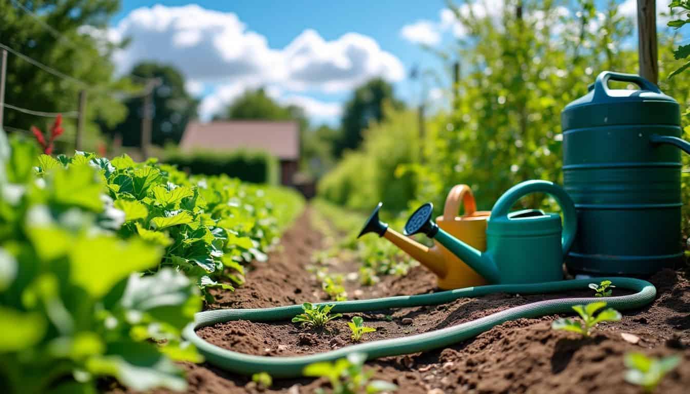 A garden hose winds through a vegetable patch next to watering cans. A garden hose winds through a vegetable patch next to watering cans.