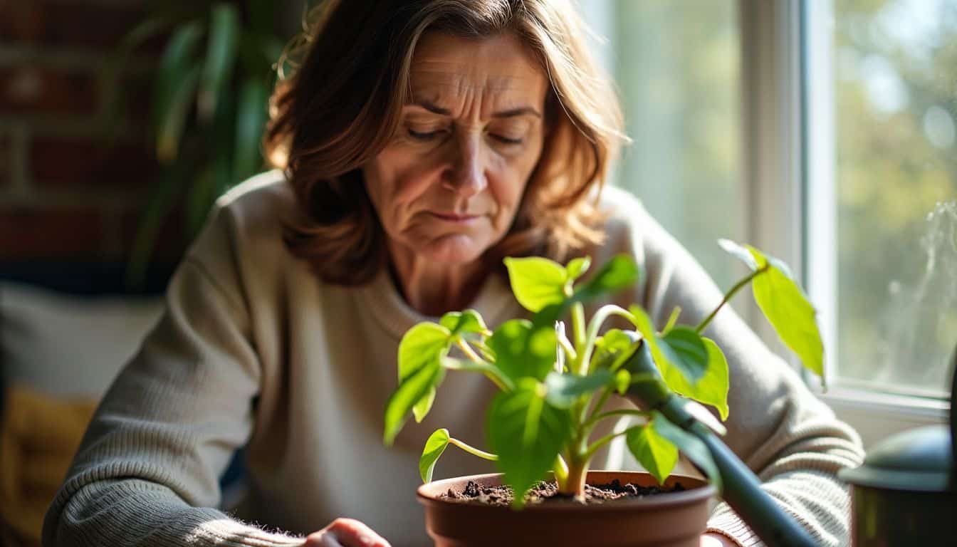 A woman tends to a drooping potted plant in a cozy living room. A woman tends to a drooping potted plant in a cozy living room.