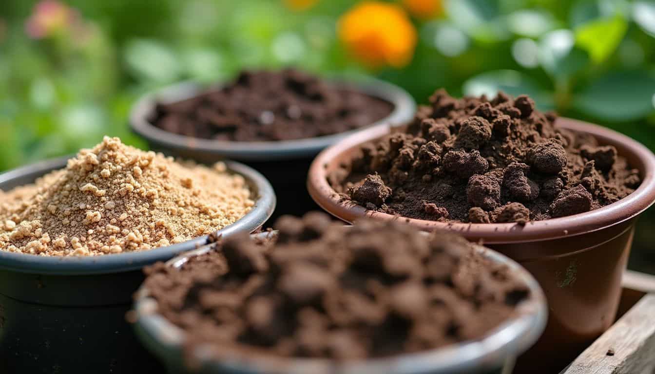 Close-up photo of different soil types—sandy, clay, and loamy—displayed in containers. Close-up photo of different soil types—sandy, clay, and loamy—displayed in containers.