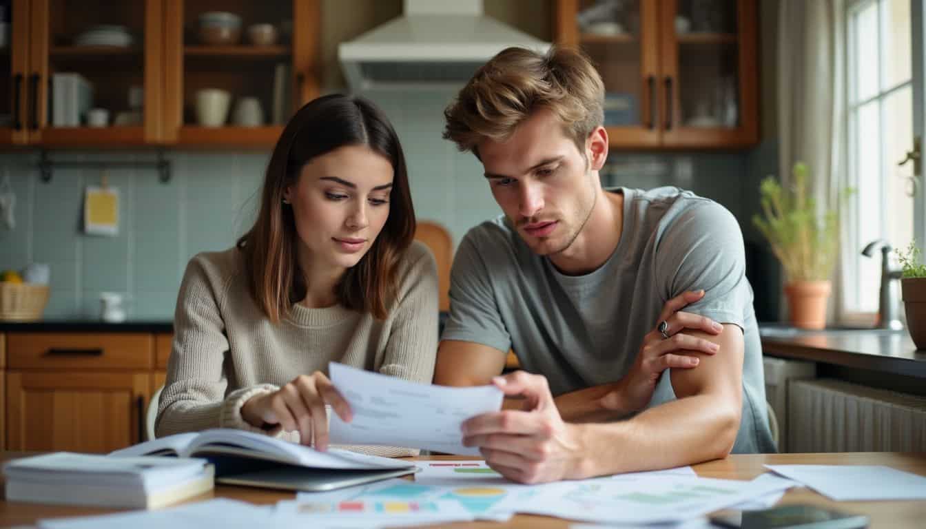 A young couple budgeting and reviewing receipts together at the kitchen table.