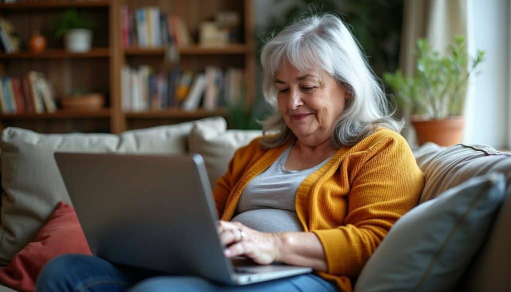 A middle-aged woman participates in a virtual book club from her comfortable home. how to be entertained Enhancing Social Interaction and Community Activities 297741480 1