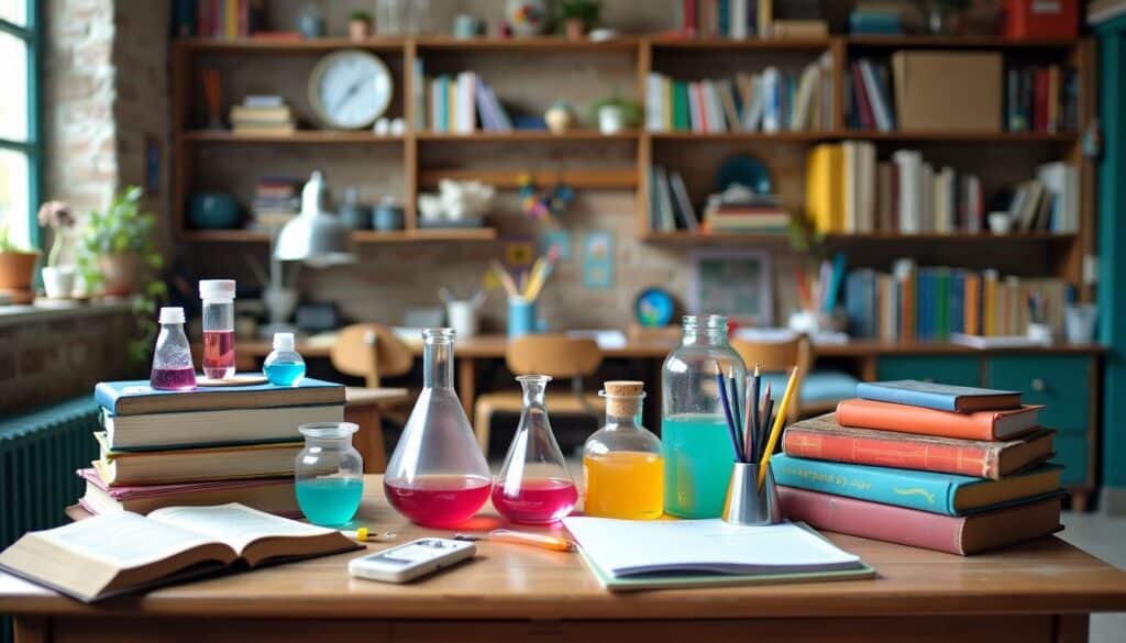 A cluttered wooden desk with vibrant science experiment kits and textbooks, promoting educational exploration and creativity. how to be entertained Pursuing Creative and Educational Activities 297741933 1