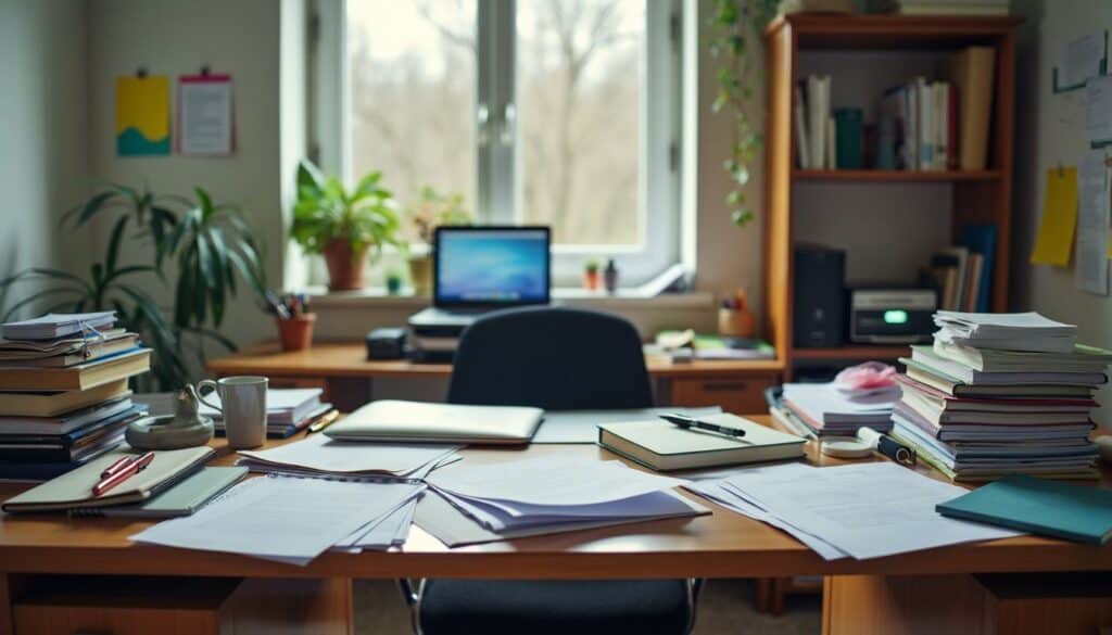 A cluttered desk with papers, books, and office supplies in need of organization. how to be entertained Simplifying Organizing and Decluttering for Clarity 297741552 1