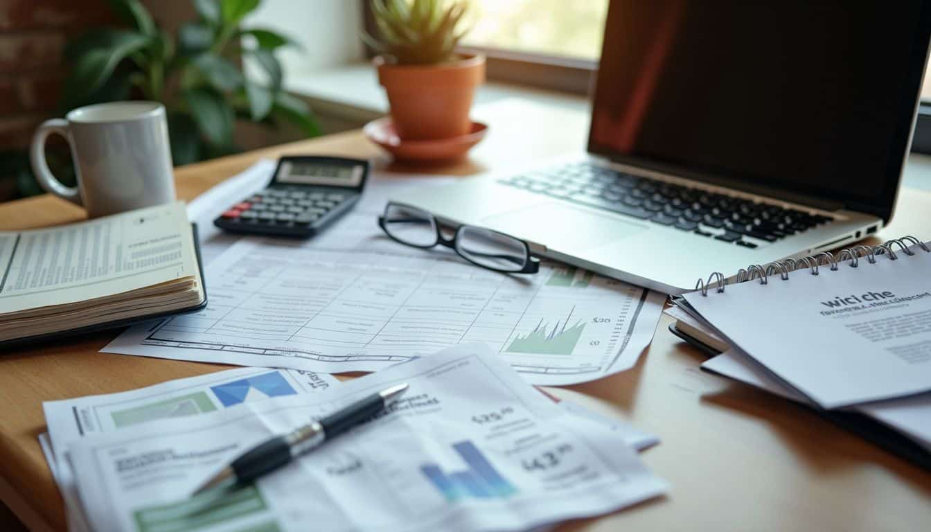 A cluttered desk with financial documents, calculator, and laptop for budgeting. A cluttered desk with financial documents, calculator, and laptop for budgeting.