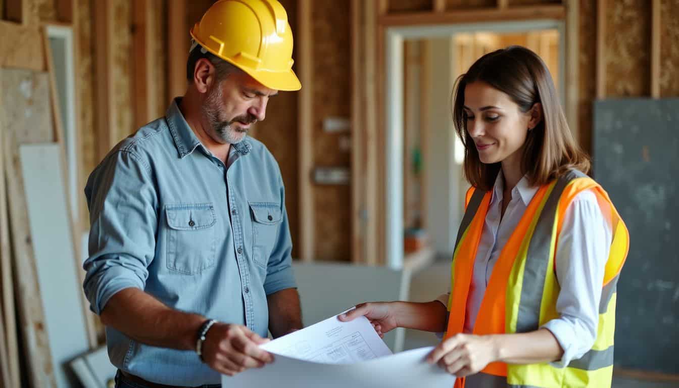 A middle-aged man in a hard hat discusses blueprints with a young female architect at a construction site. A middle-aged man in a hard hat discusses blueprints with a young female architect at a construction site.