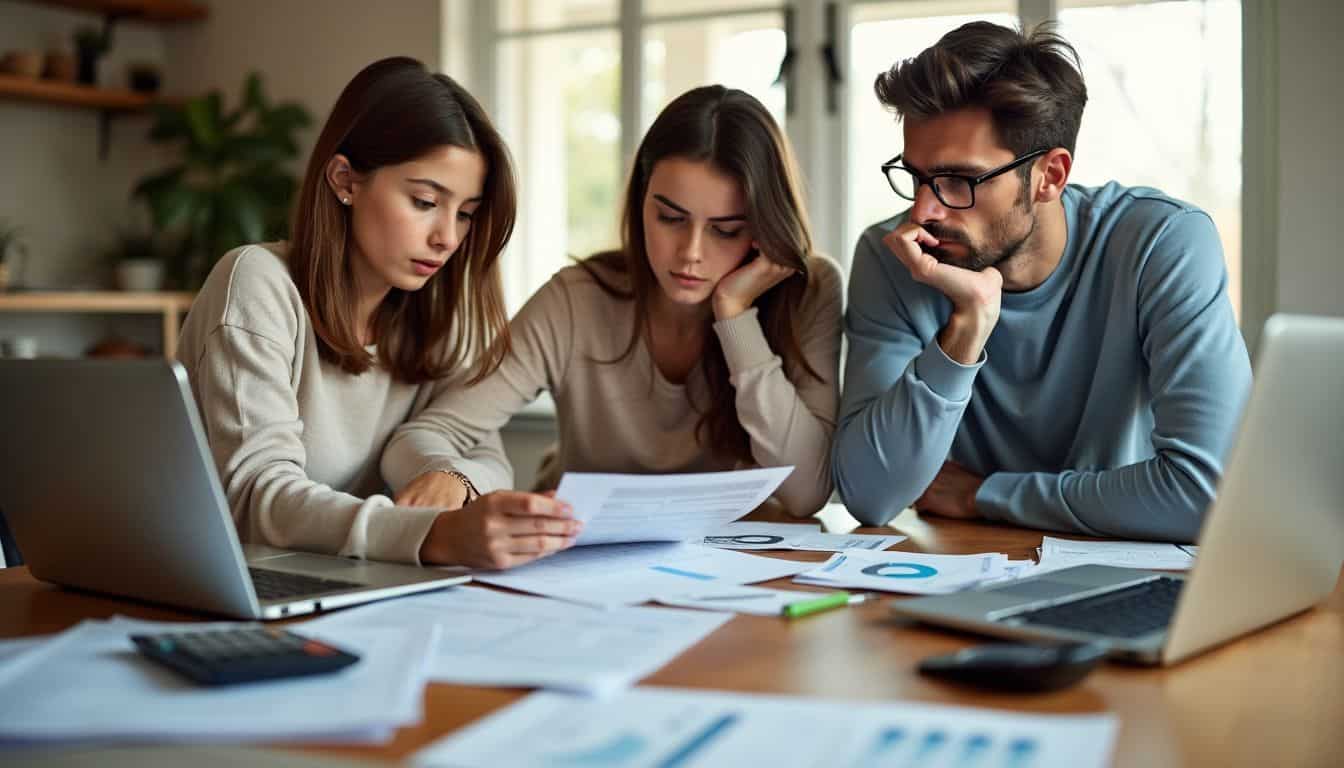A family reviews mortgage offers at cluttered dining table. A family reviews mortgage offers at cluttered dining table.