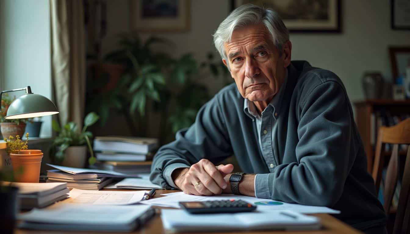 An older man sits at a cluttered desk managing finances. An older man sits at a cluttered desk managing finances.