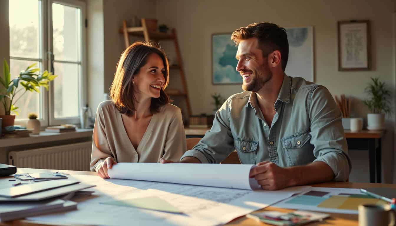 A couple in their mid-30s discussing plans for their dream home. A couple in their mid-30s discussing plans for their dream home.