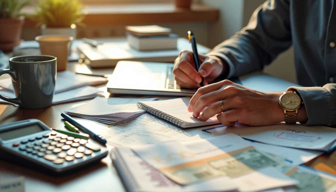 An office desk cluttered with bills, calculator, and coffee, illustrating financial planning. An office desk cluttered with bills, calculator, and coffee, illustrating financial planning.