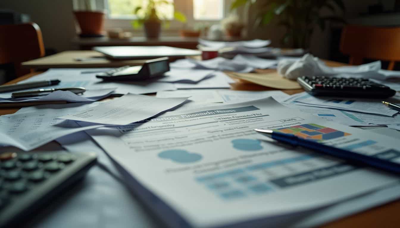 A cluttered desk with documents and calculators for home financing options. A cluttered desk with documents and calculators for home financing options.