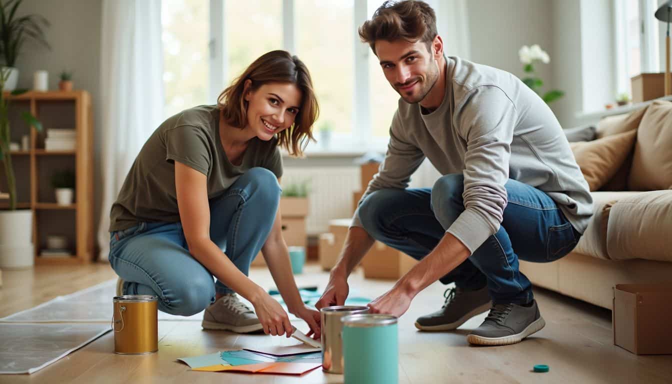 A couple in their 30s prepares their new home together. A couple in their 30s prepares their new home together.