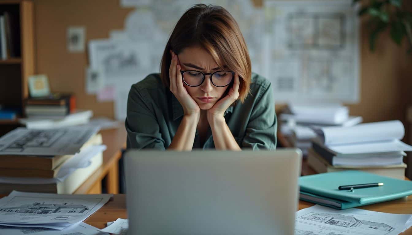 A person frustrated while researching home builders online at cluttered desk. A person frustrated while researching home builders online at cluttered desk.