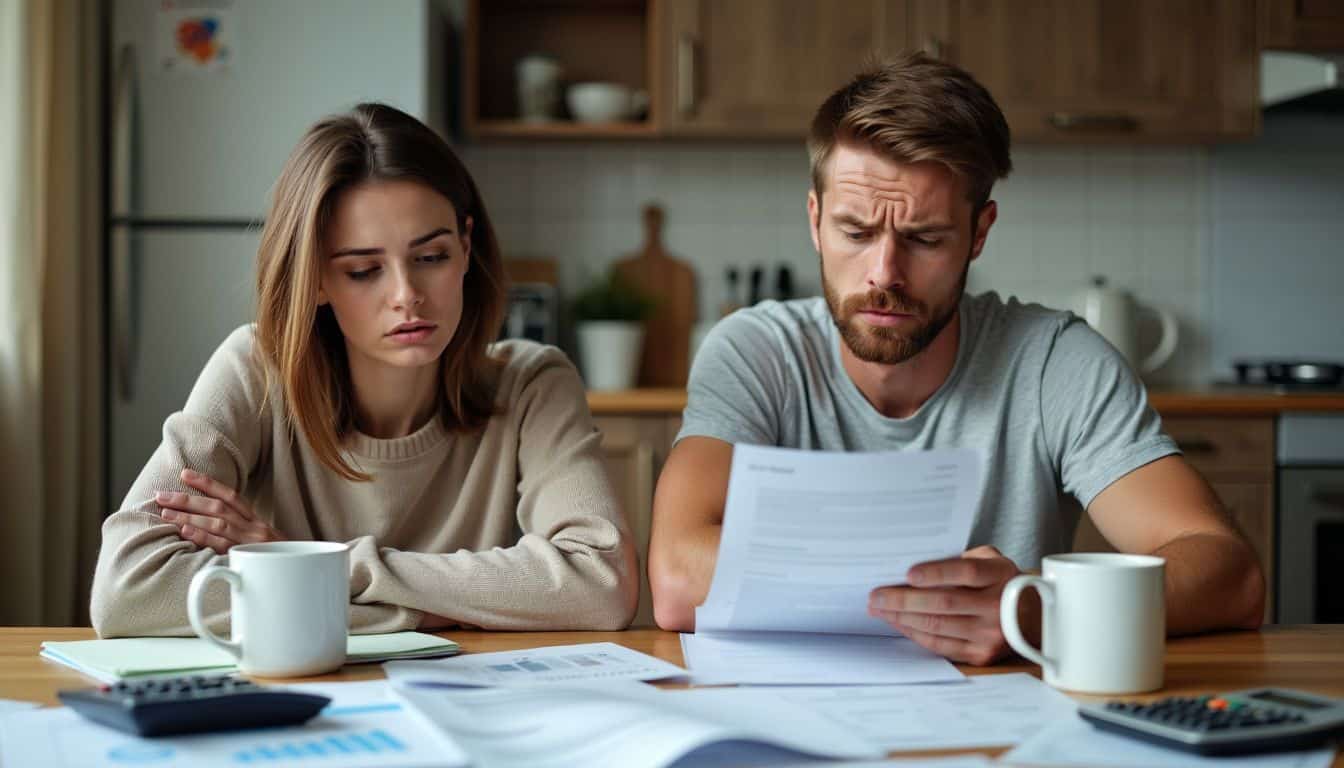 A stressed couple works on securing financing for their dream home. A stressed couple works on securing financing for their dream home.