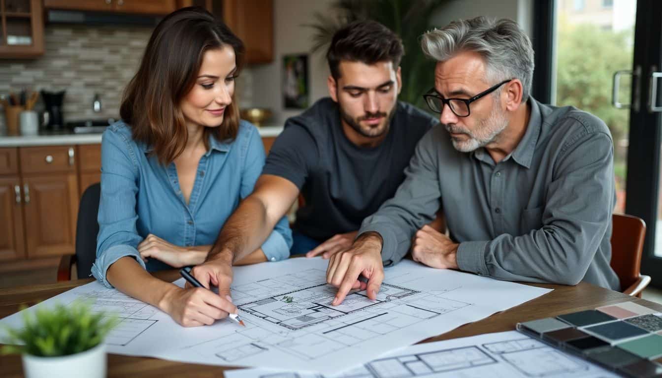 A couple discusses home design with an architect in a cozy office. A couple discusses home design with an architect in a cozy office.