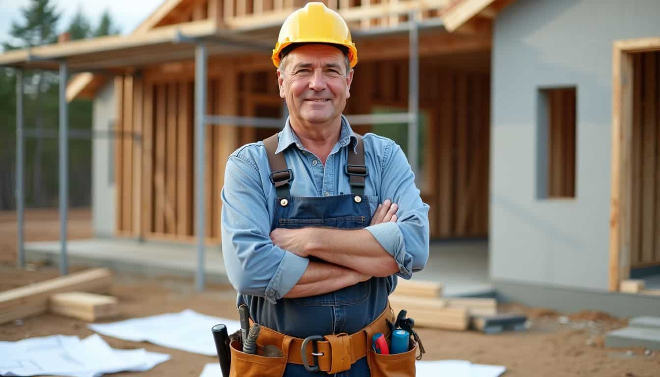 A confident, experienced construction worker on a home construction site. A confident, experienced construction worker on a home construction site.