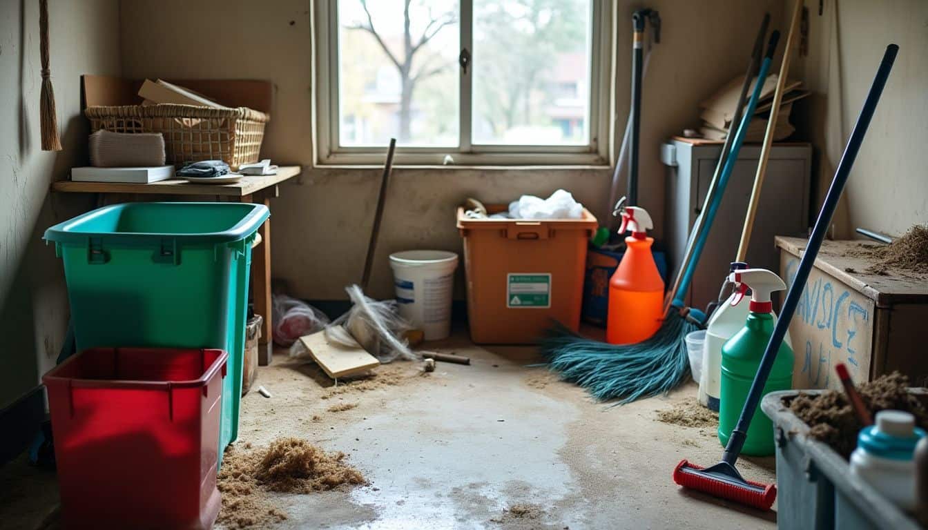 The cluttered storage unit with dusty corners and scattered cleaning supplies appears untidy and disorganized. The cluttered storage unit with dusty corners and scattered cleaning supplies appears untidy and disorganized.