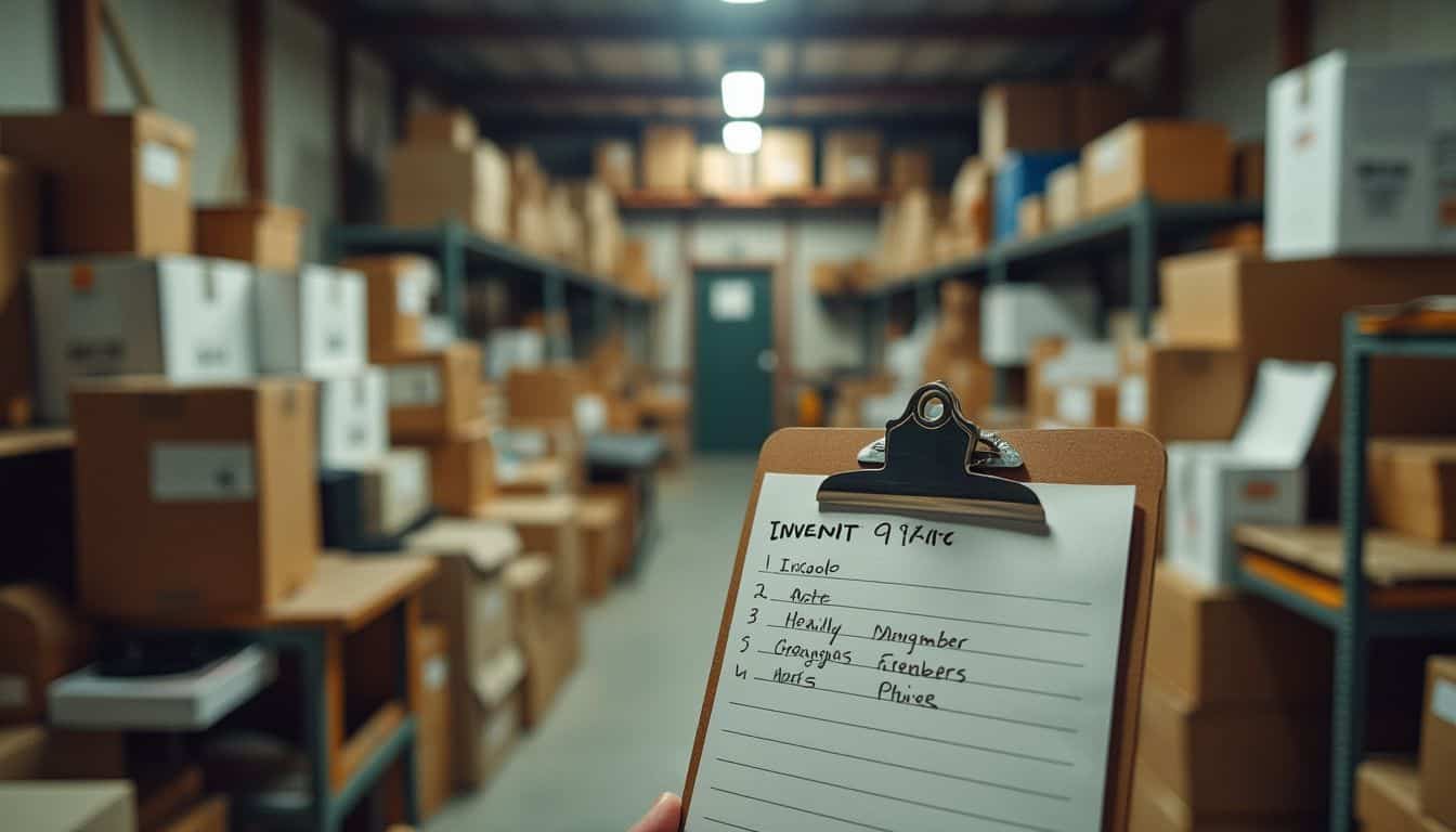 A cluttered storage unit with boxes, furniture, and miscellaneous items, with a handwritten inventory list on a clipboard. A cluttered storage unit with boxes, furniture, and miscellaneous items, with a handwritten inventory list on a clipboard.