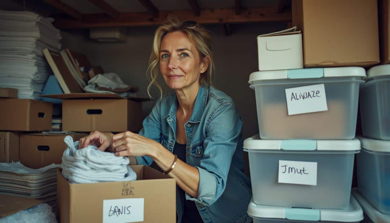 A woman in her 30s is organizing a cluttered storage unit using labeled boxes and clear plastic bins. A woman in her 30s is organizing a cluttered storage unit using labeled boxes and clear plastic bins.
