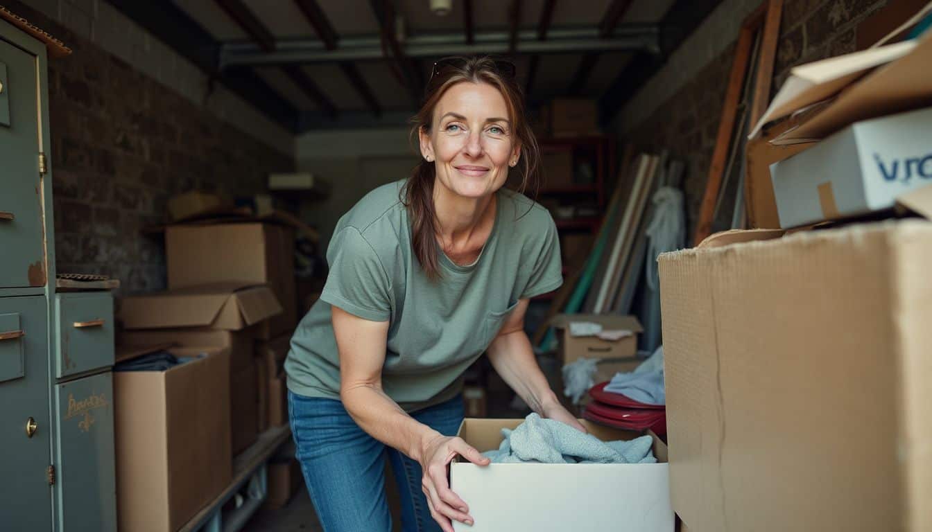 A woman in her 40s is decluttering a messy storage unit. A woman in her 40s is decluttering a messy storage unit.