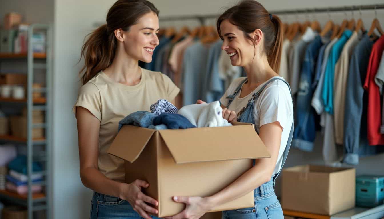 A woman in her 30s donates gently used items at a friendly donation center. A woman in her 30s donates gently used items at a friendly donation center.