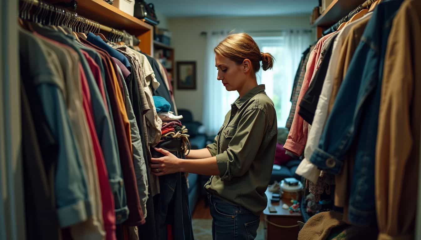 A person in their mid-30s sorting through a cluttered closet filled with clothes, shoes, and accessories. A person in their mid-30s sorting through a cluttered closet filled with clothes, shoes, and accessories.