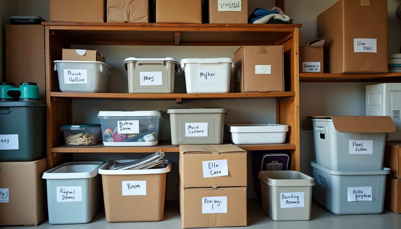 Well-organized storage unit with labeled boxes and a system for easy access. Well-organized storage unit with labeled boxes and a system for easy access.