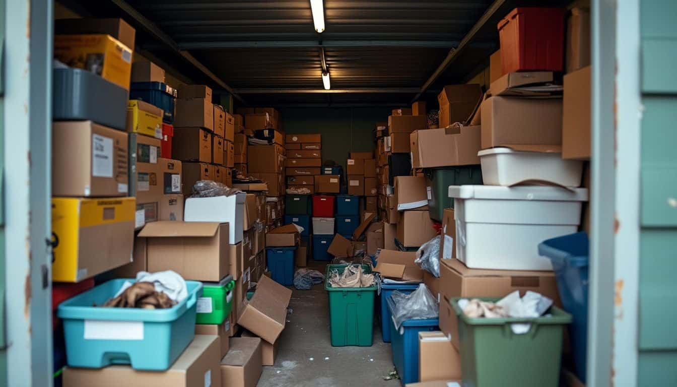 A cluttered and disorganized storage unit filled with various boxes and bins. A cluttered and disorganized storage unit filled with various boxes and bins.