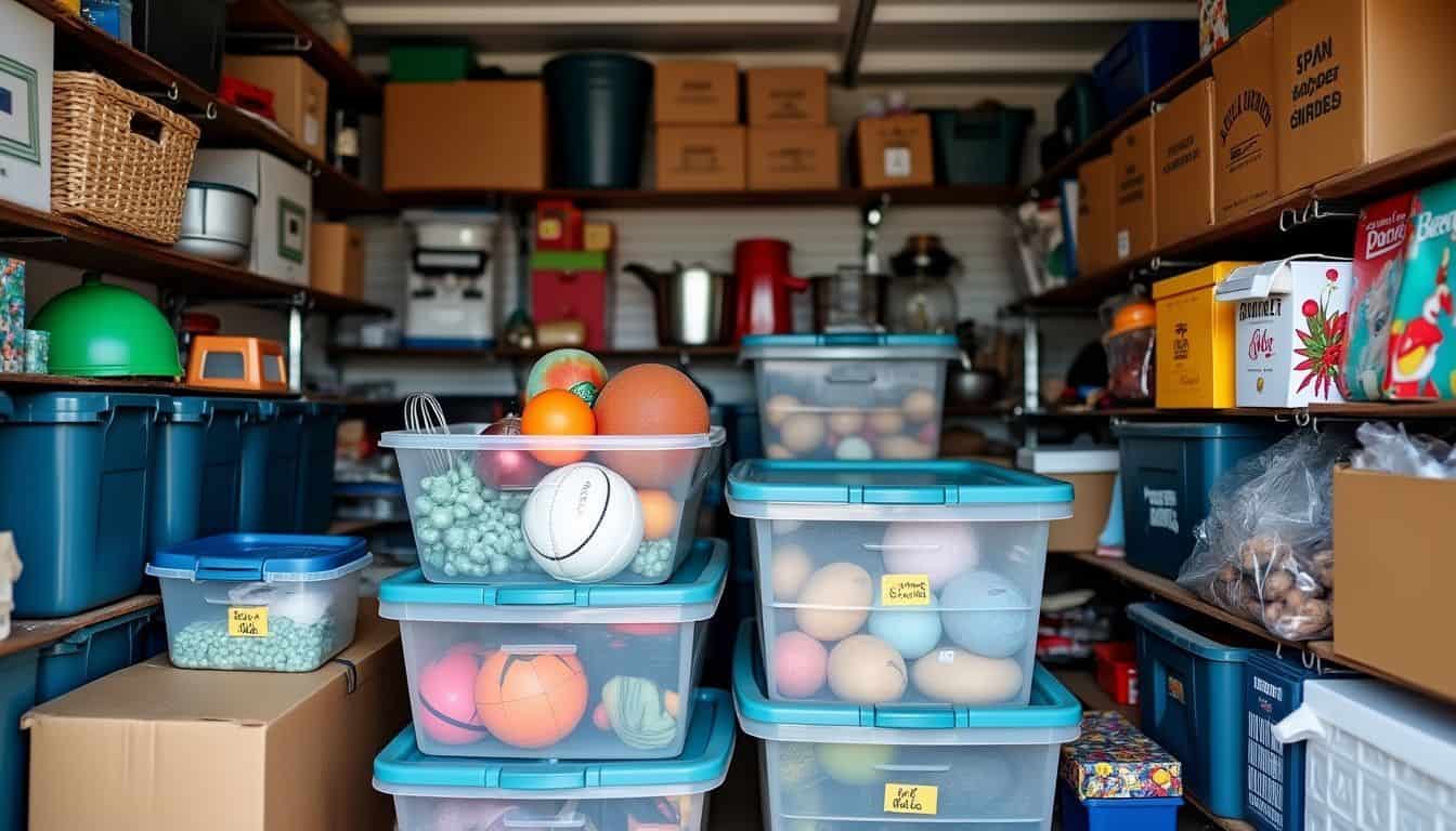A cluttered storage unit with labeled boxes, clear bins, organized shelving, and various categorized items. A cluttered storage unit with labeled boxes, clear bins, organized shelving, and various categorized items.