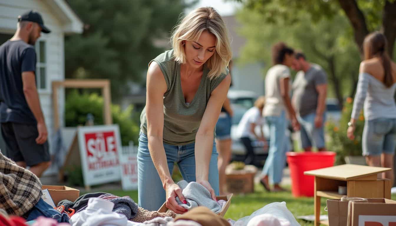 A woman arranges items for a garage sale in her front yard with shoppers browsing. A woman arranges items for a garage sale in her front yard with shoppers browsing.