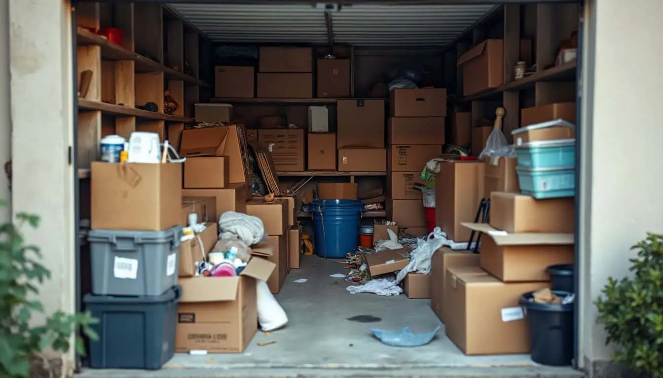 The image shows a cluttered storage unit filled with boxes and scattered items, highlighting the need for organization. The image shows a cluttered storage unit filled with boxes and scattered items, highlighting the need for organization.