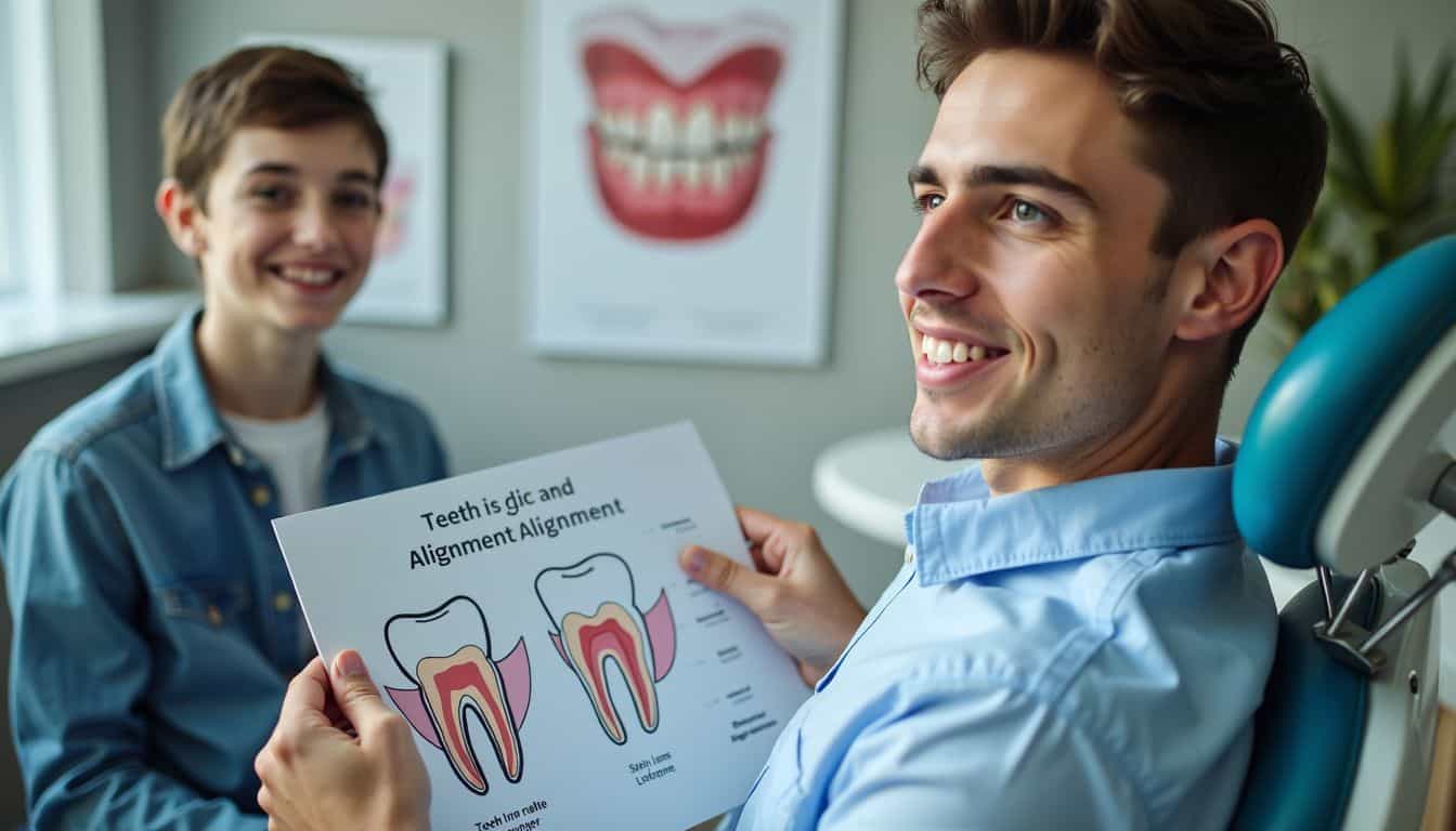 A young man consults with an orthodontist about teeth alignment. A young man consults with an orthodontist about teeth alignment.