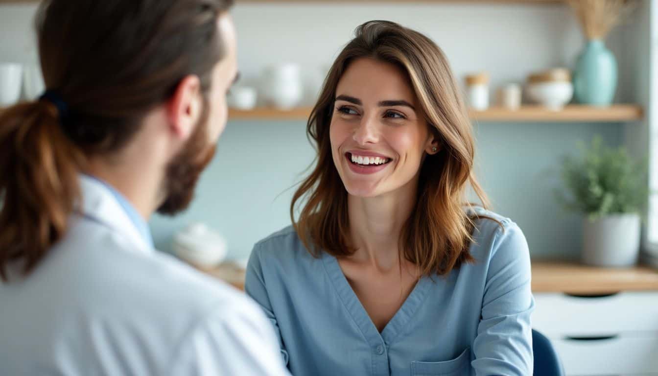 A woman in her 30s discusses dental veneer options with a dentist. A woman in her 30s discusses dental veneer options with a dentist.