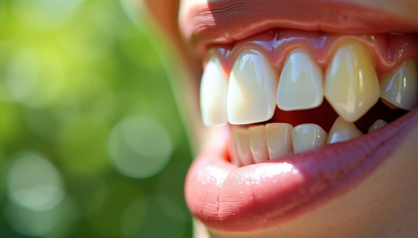 The image shows bright, perfectly aligned teeth with healthy gums. The image shows bright, perfectly aligned teeth with healthy gums.