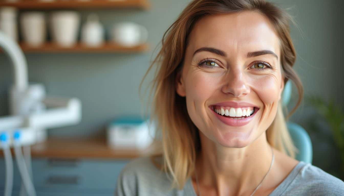 A mid-adult woman smiling confidently, showcasing healthy gums and bright teeth. A mid-adult woman smiling confidently, showcasing healthy gums and bright teeth.
