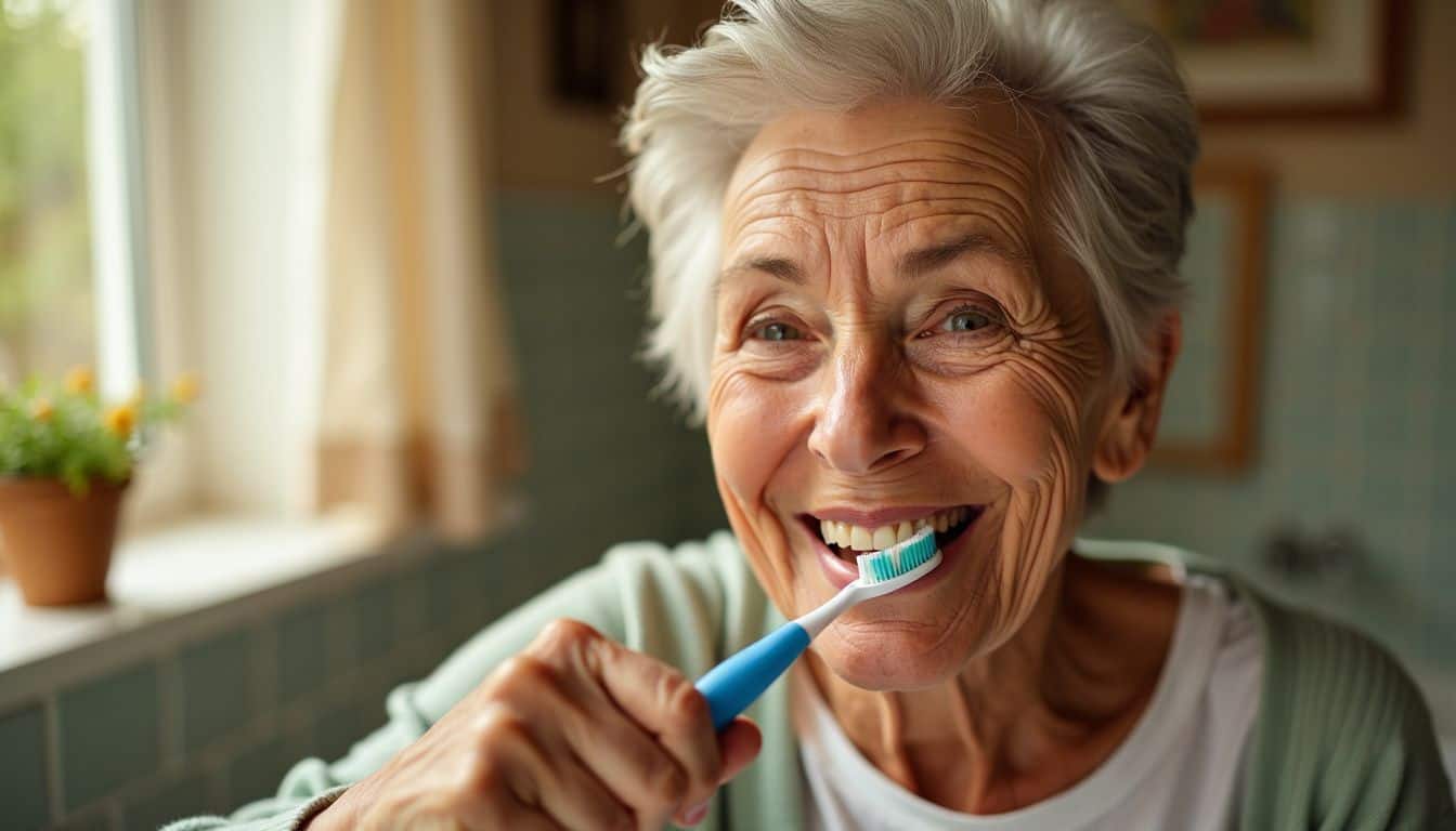 An elderly woman smiles while brushing her teeth in a cozy bathroom. An elderly woman smiles while brushing her teeth in a cozy bathroom.