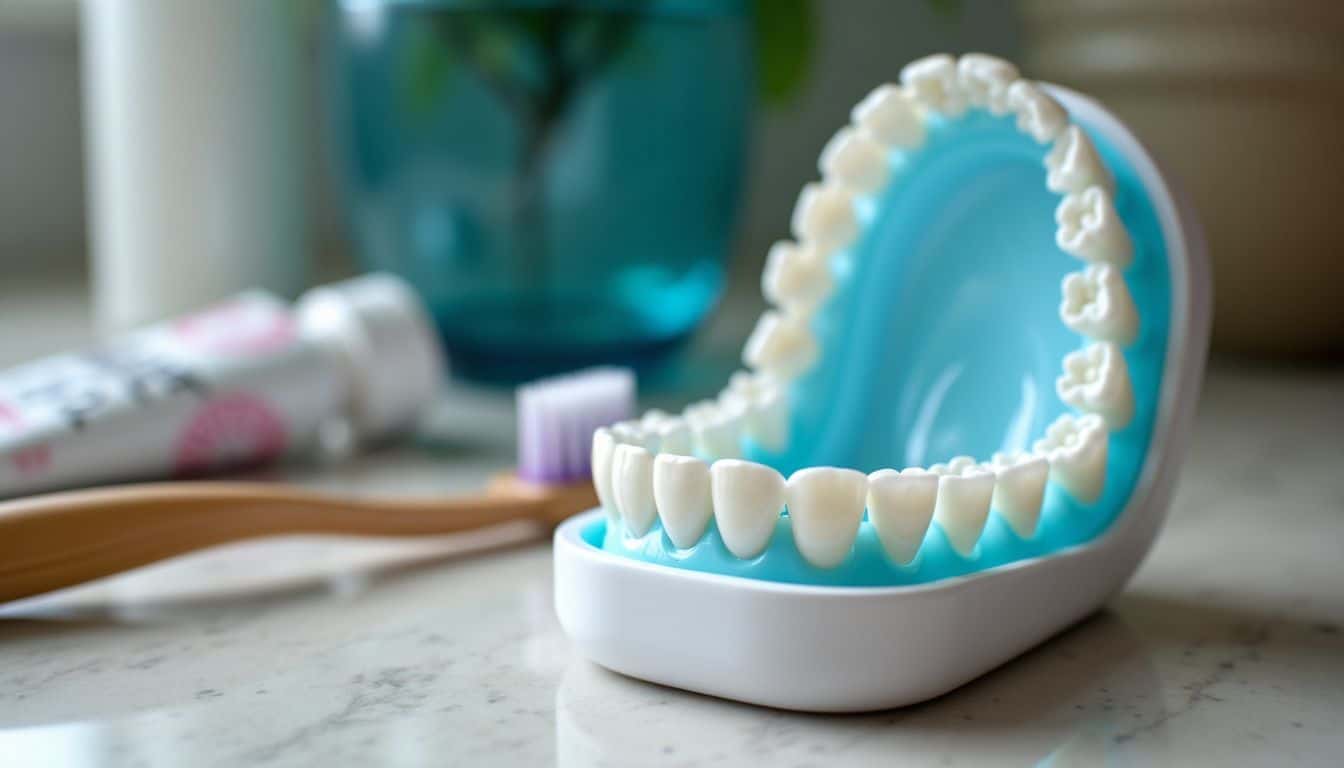 Customized dental tray filled with whitening gel on bathroom countertop. Customized dental tray filled with whitening gel on bathroom countertop.