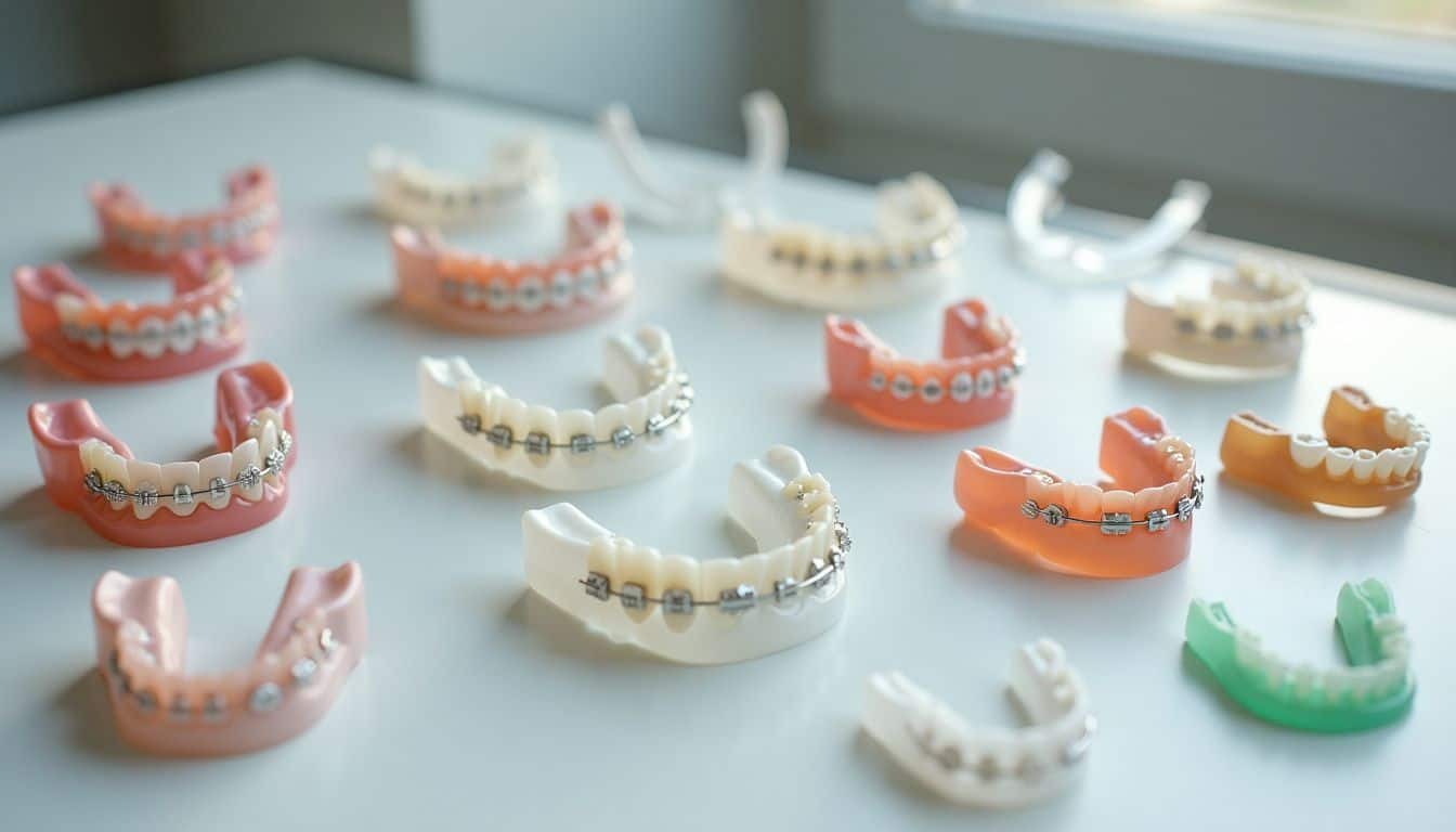 Close-up of various orthodontic braces options on clean white surface. Close-up of various orthodontic braces options on clean white surface.