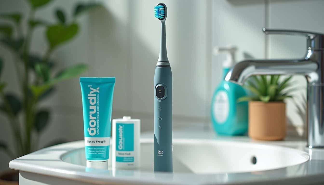 A new electric toothbrush, toothpaste, and dental floss on a sink. A new electric toothbrush, toothpaste, and dental floss on a sink.