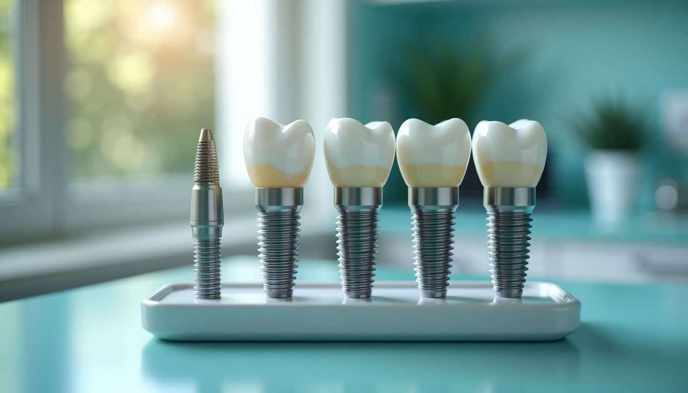 A collection of dental implants arranged on a sterile tray. A collection of dental implants arranged on a sterile tray.
