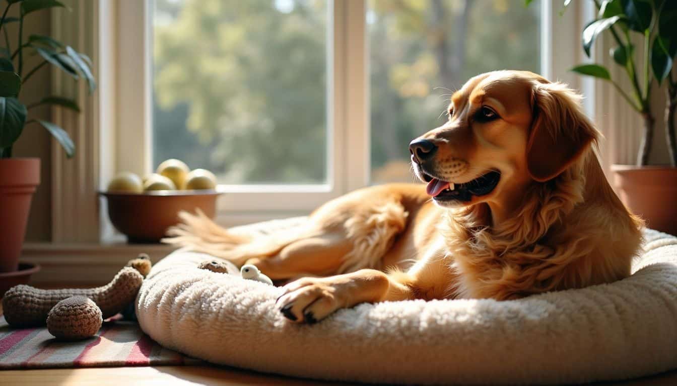 An elderly golden retriever is lounging on a soft dog bed. An elderly golden retriever is lounging on a soft dog bed.