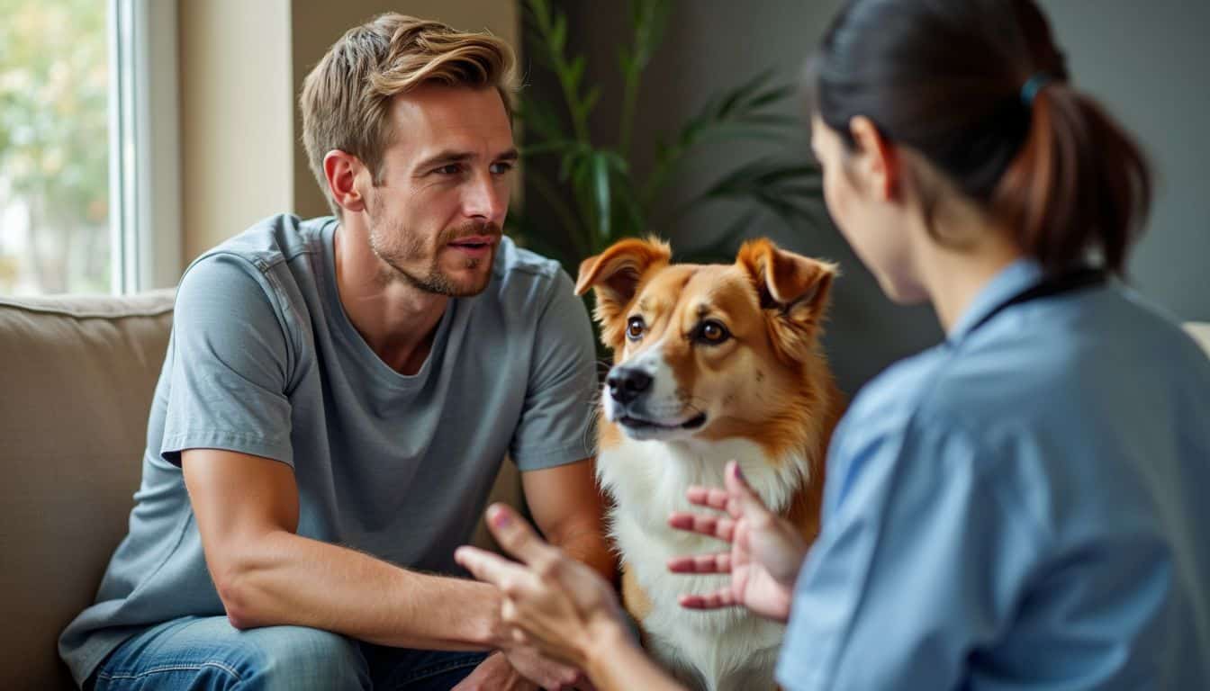 A man discusses preventative treatments for his dog with a veterinarian. A man discusses preventative treatments for his dog with a veterinarian.