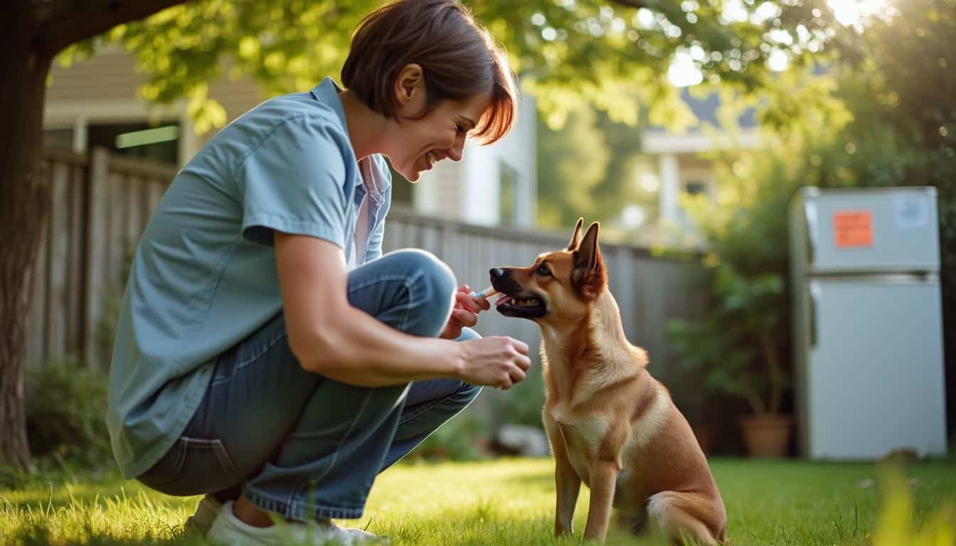 A person applying flea and tick prevention to their dog in a backyard. A person applying flea and tick prevention to their dog in a backyard.