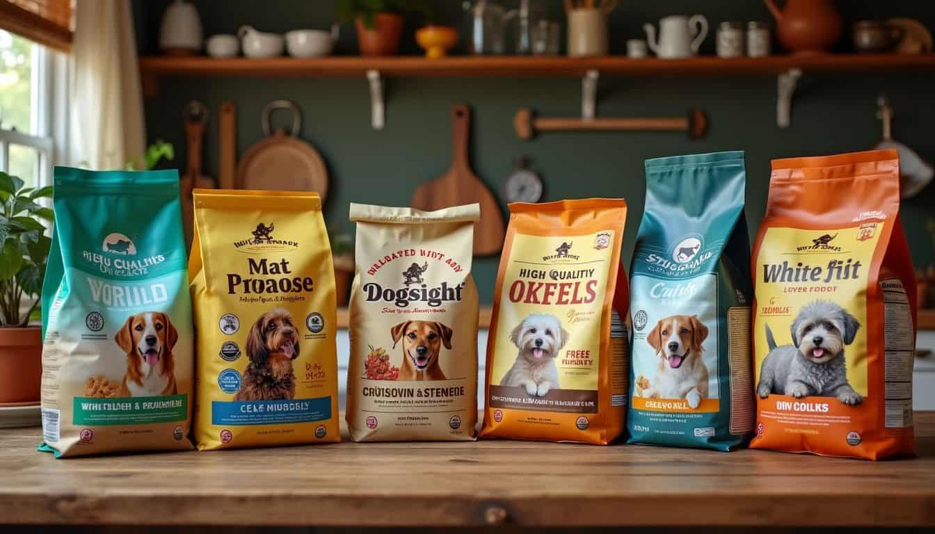 Different high-quality dog food brands arranged on a rustic wooden shelf. Different high-quality dog food brands arranged on a rustic wooden shelf.