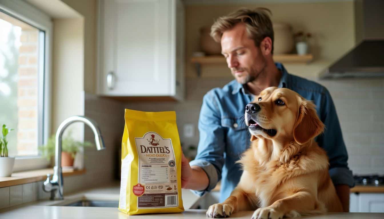 A man carefully examines a bag of high-quality dog food. A man carefully examines a bag of high-quality dog food.