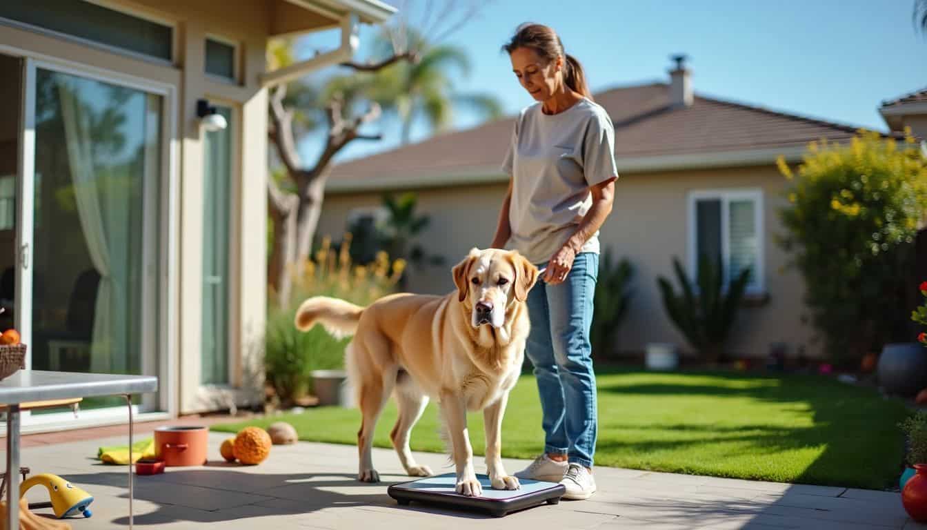 A woman weighs her Labrador in a sunny backyard for health management. A woman weighs her Labrador in a sunny backyard for health management.