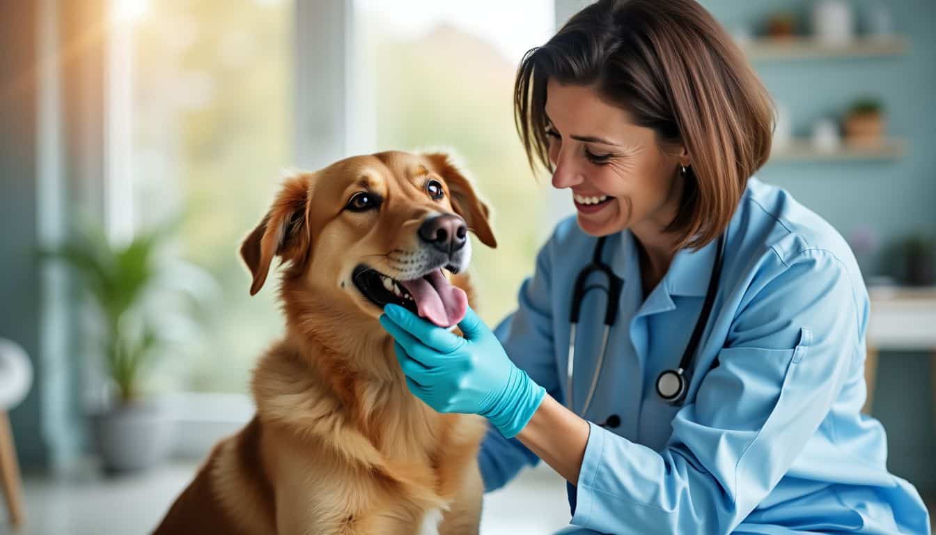 A veterinarian performing a routine check-up on a cheerful and healthy dog.