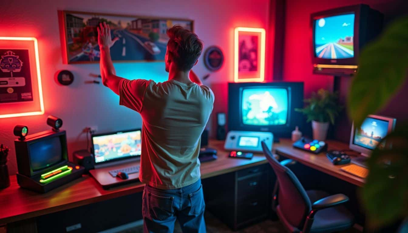 A man hanging vintage gaming poster in cozy game room. A man hanging vintage gaming poster in cozy game room.